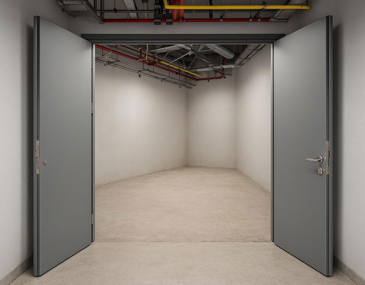 Pair of open pressure rated steel doors leading into a service room
