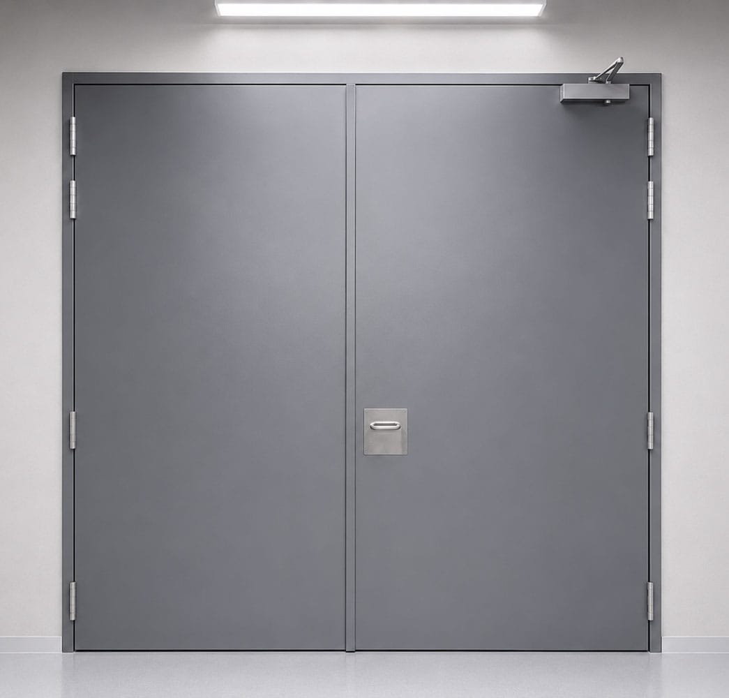 Double-leaf pressure rated steel door with a flush recessed pull handle