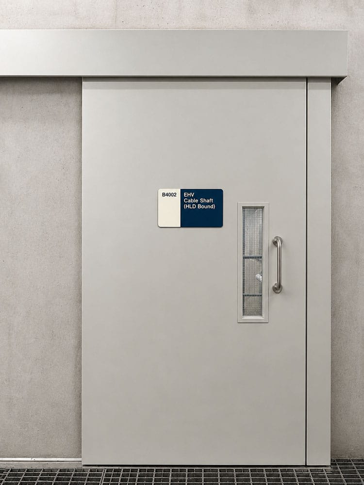 Grey sliding fire steel door with vision panel, labelled EHV Cable Shaft