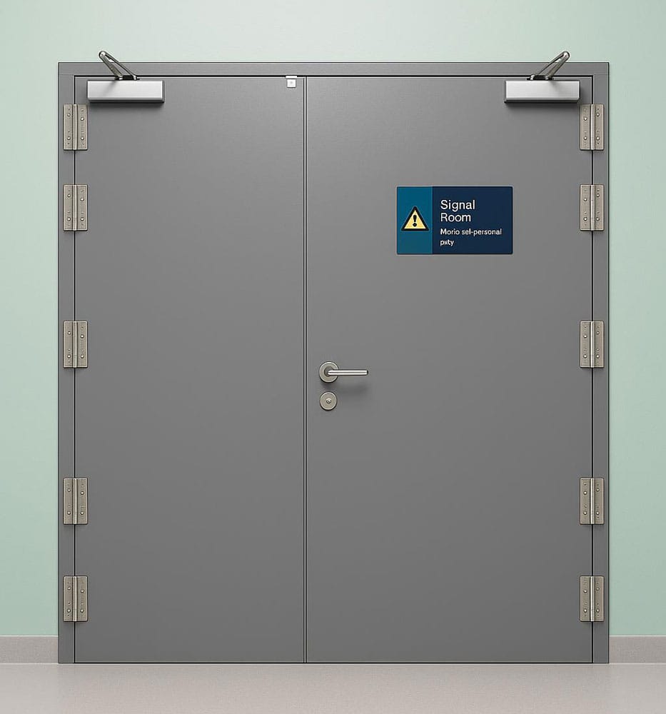 Grey double-leaf blast resistant steel door labelled Signal Room