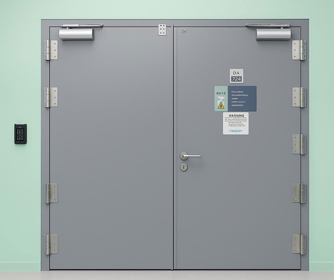 Grey double-leaf blast resistant steel door with keypad access panel