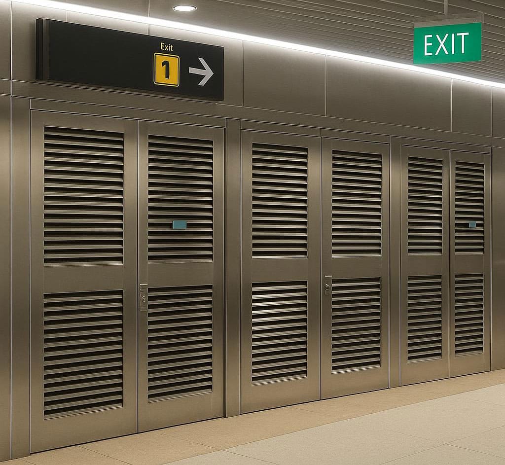Row of louvred stainless steel doors along a corridor
