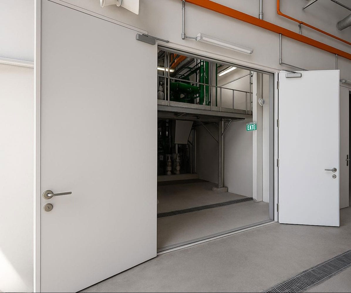 Pair of watertight steel doors, one open onto a plant room with pipework