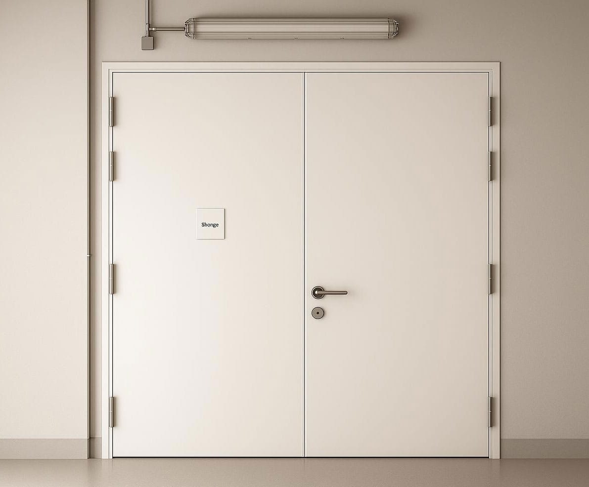 Double-leaf watertight steel doors with centre lever handle and deadbolt