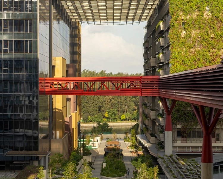Buildings connected by a red elevated sky bridge amid greenery