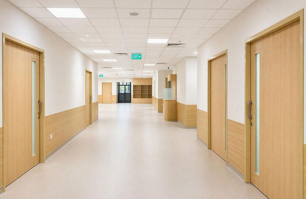 Corridor lined with wood-finish doors and an illuminated exit sign